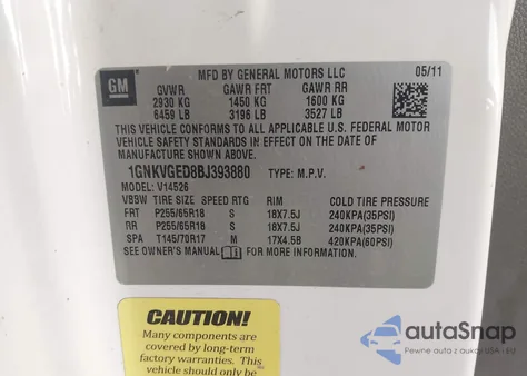 2011 Chevrolet Traverse 1Lt z USA, uszkodzony, nr VIN 1GNKVGED8BJ393880